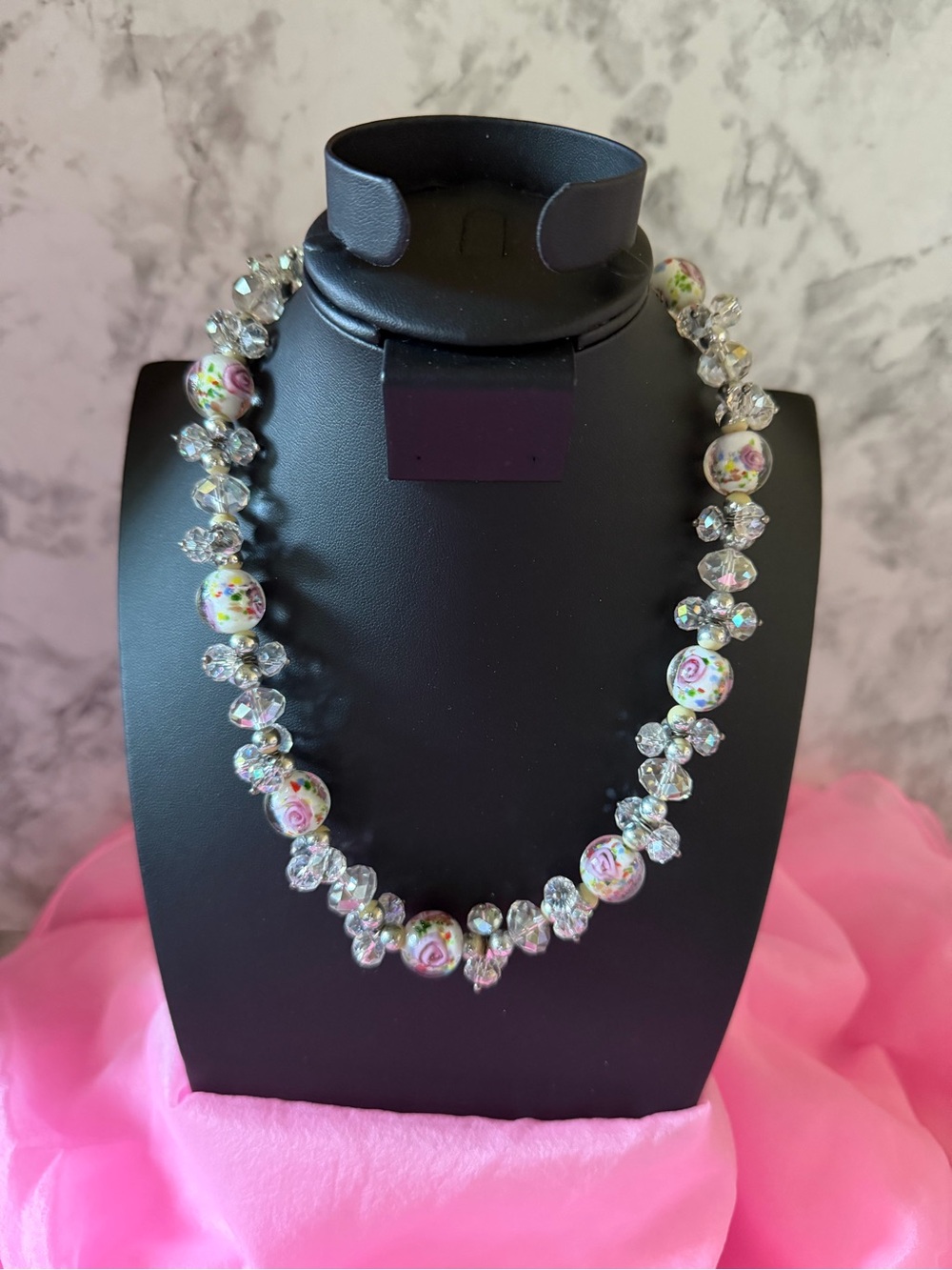 Floral Porcelain and Crystal Bead Necklace - Pink